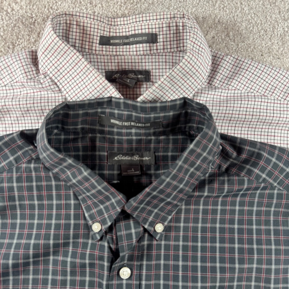 Eddie Bauer Men Large Lot of 2 Wrinkle Free Relaxed Fit Plaid Button Down Shirts